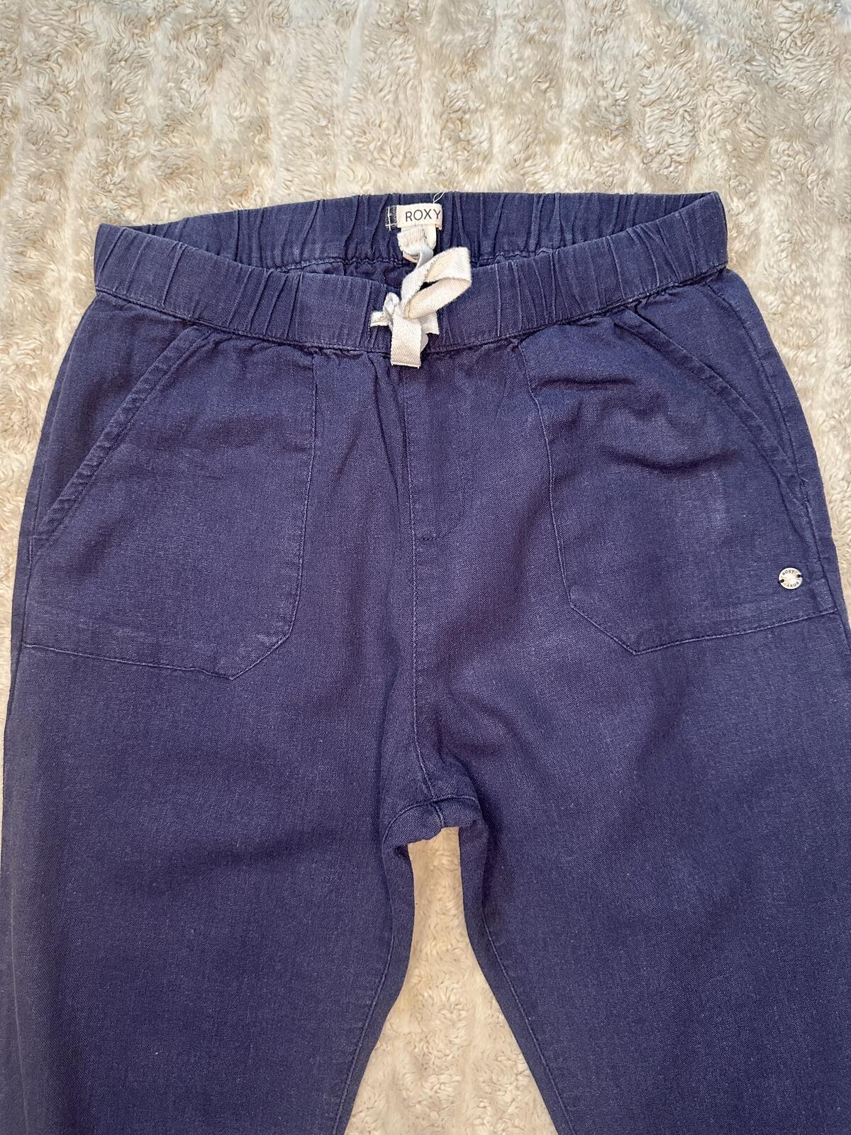 Roxy coastal washed navy linen-blend lightweight drawstring capri pants Size XS