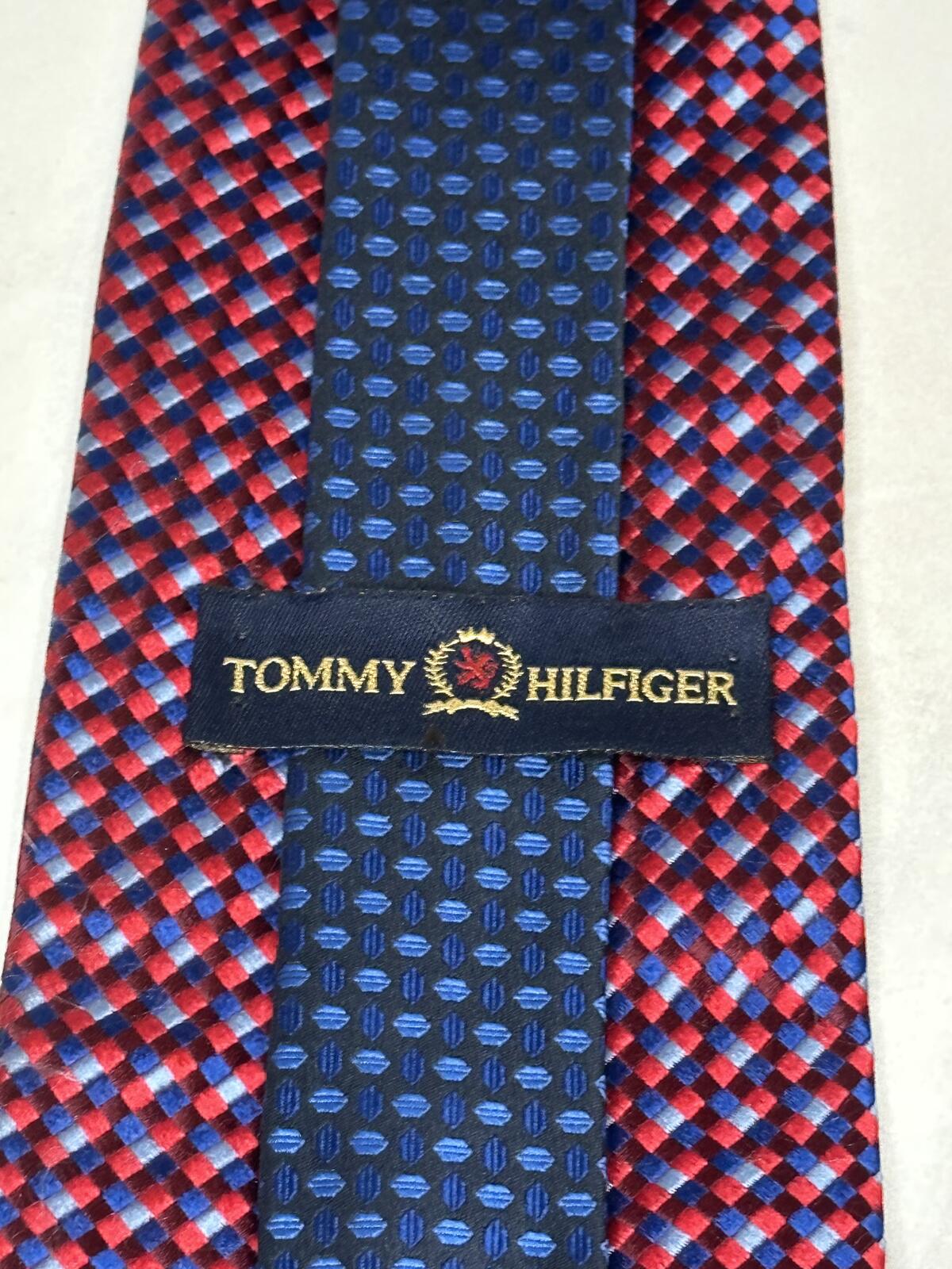 Tommy Hilfiger classic red/burgundy/blue/lt blue micro check 100% silk tie