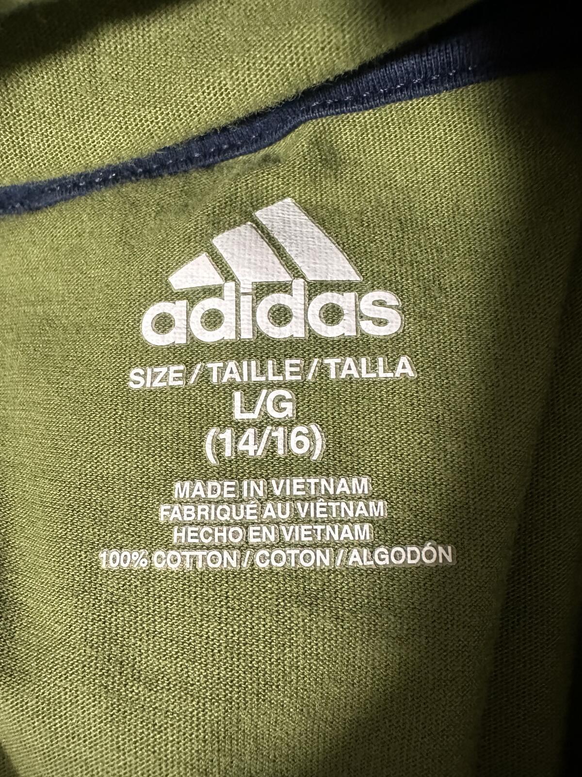 Adidas olive green cotton logo graphic hooded long sleeve t-shirt Youth L(14-16)