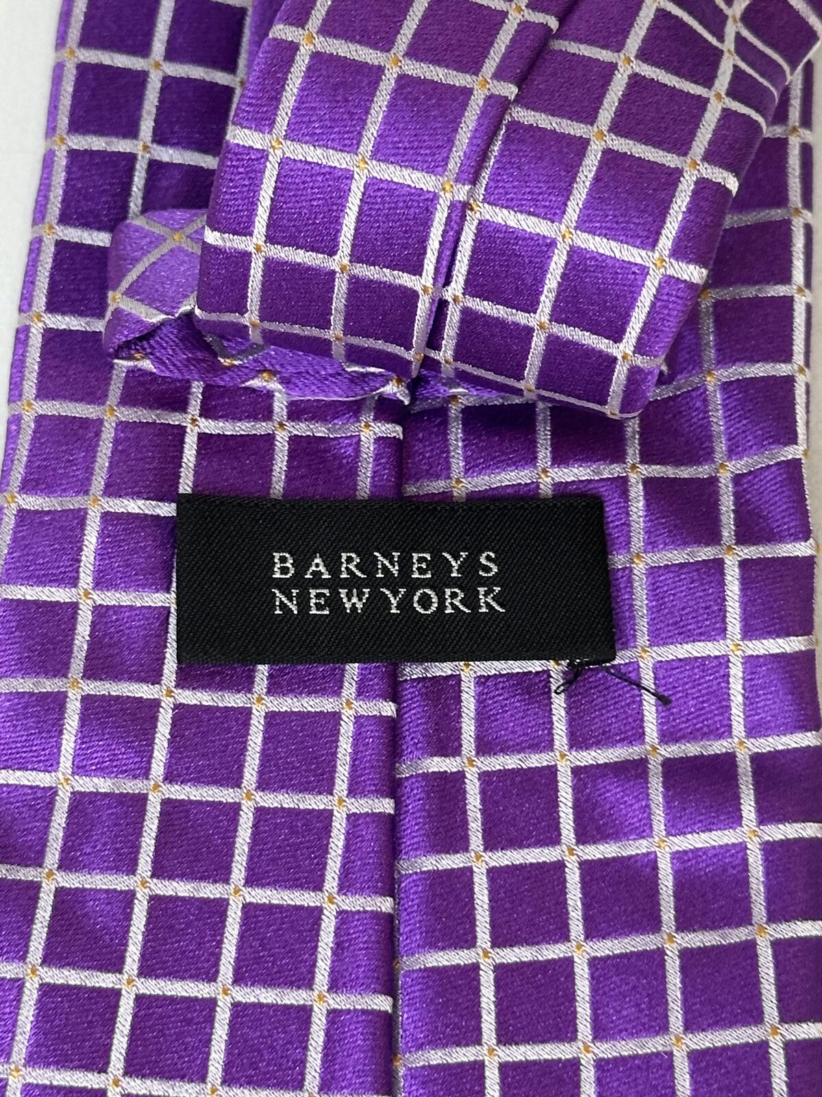 Barneys New York 100% Italian silk bold purple/white grid geometric minimalist