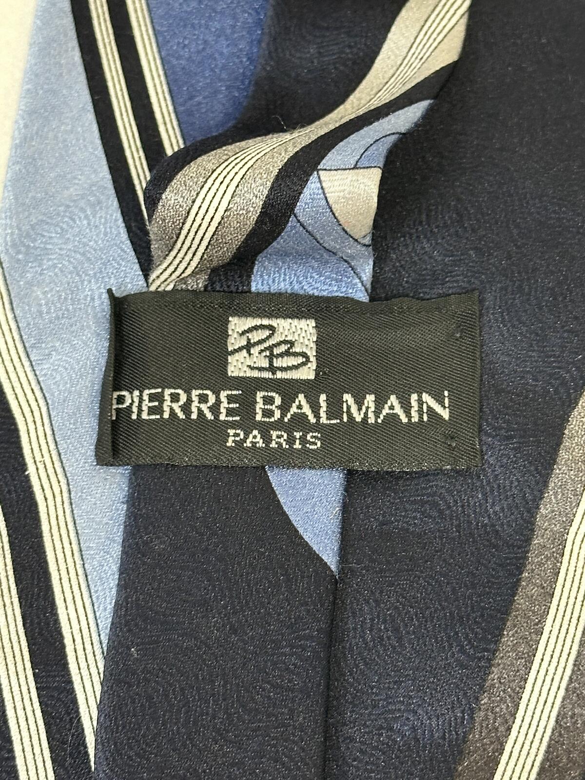 Vintage Pierre Balmain Paris silk tie blue/navy/silver abstract striped designer