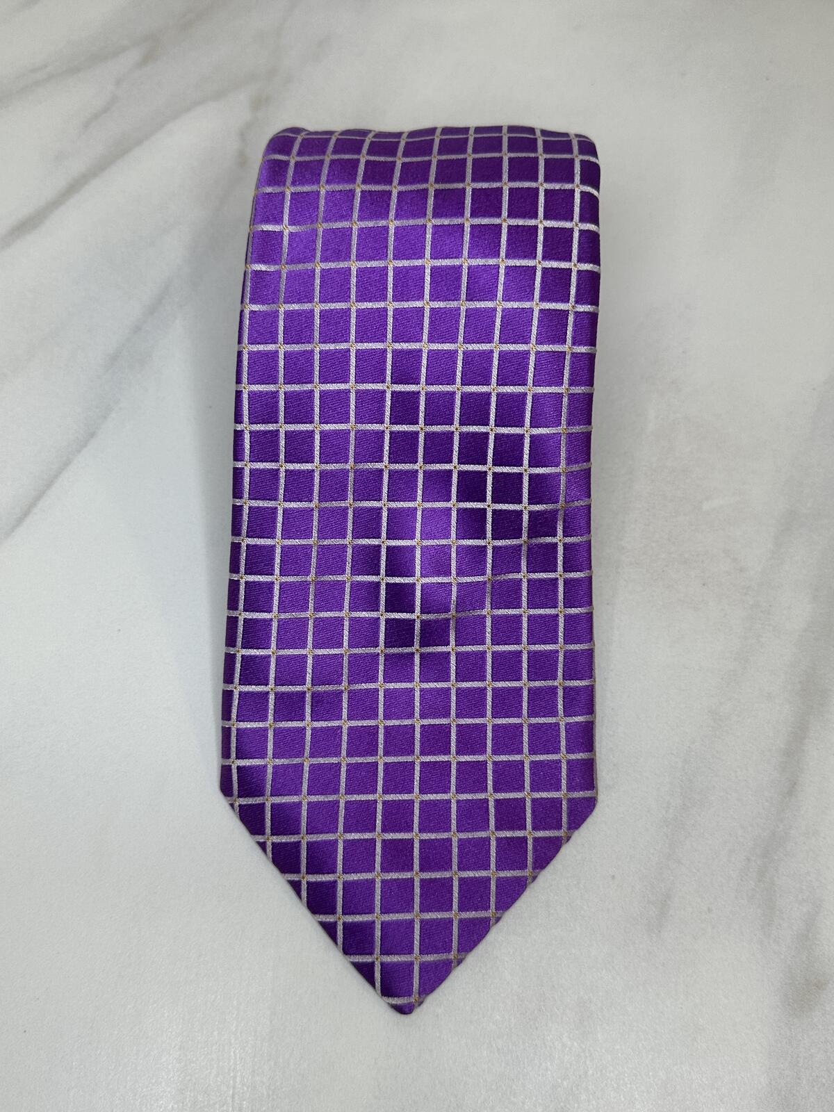 Barneys New York 100% Italian silk bold purple/white grid geometric minimalist