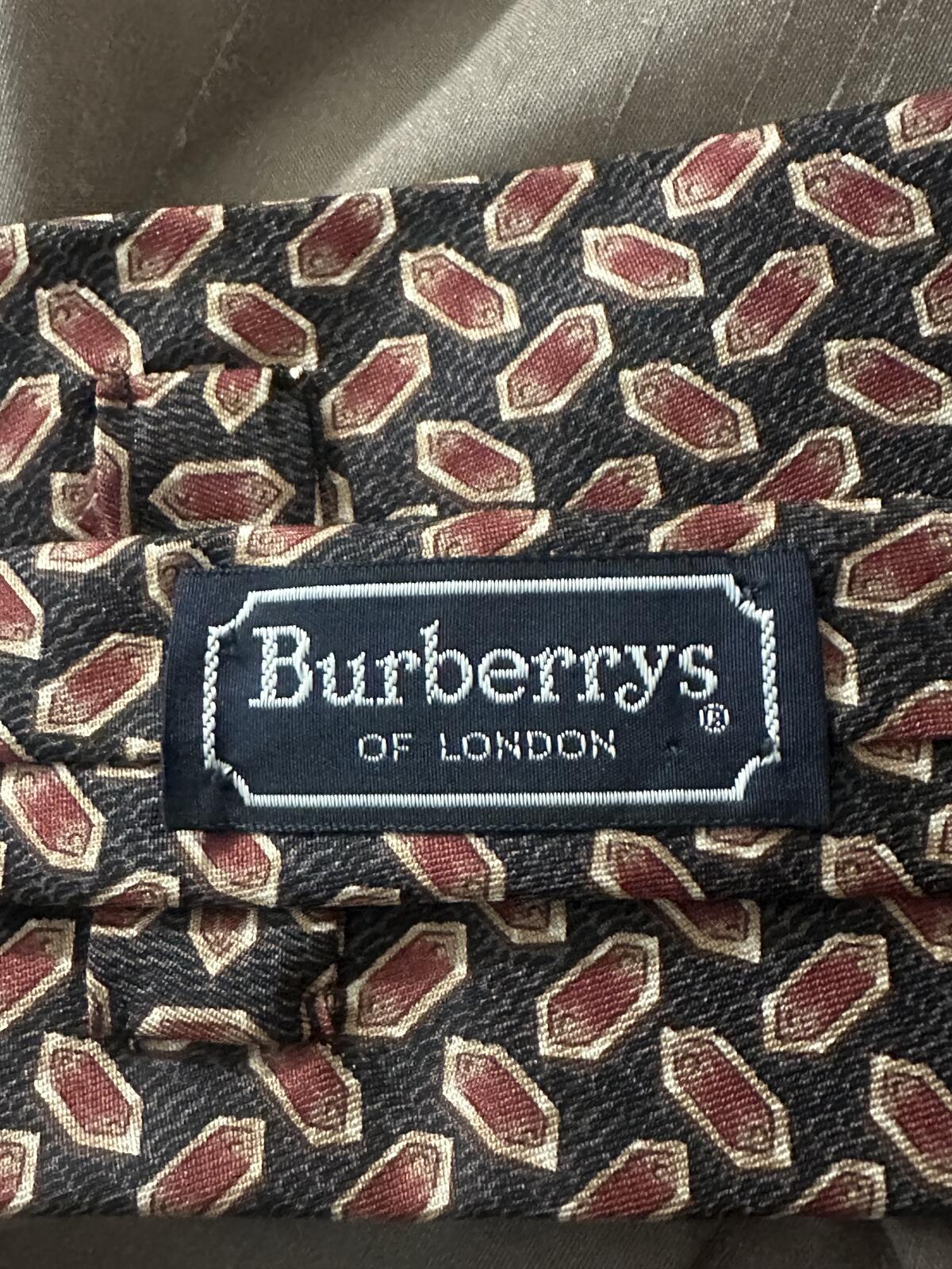 Vintage Burberrys London silk tie black/brown/gold geometric medallion classic