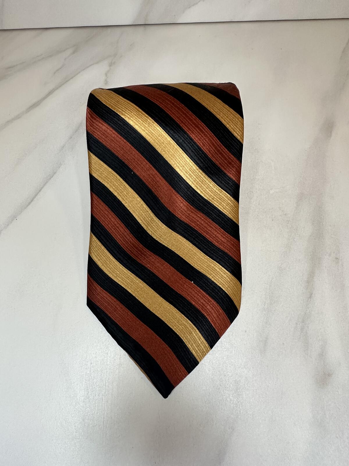 Renzo 100% silk tie gold/rust/black diagonal stripe