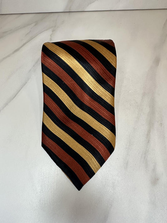 Renzo 100% silk tie gold/rust/black diagonal stripe