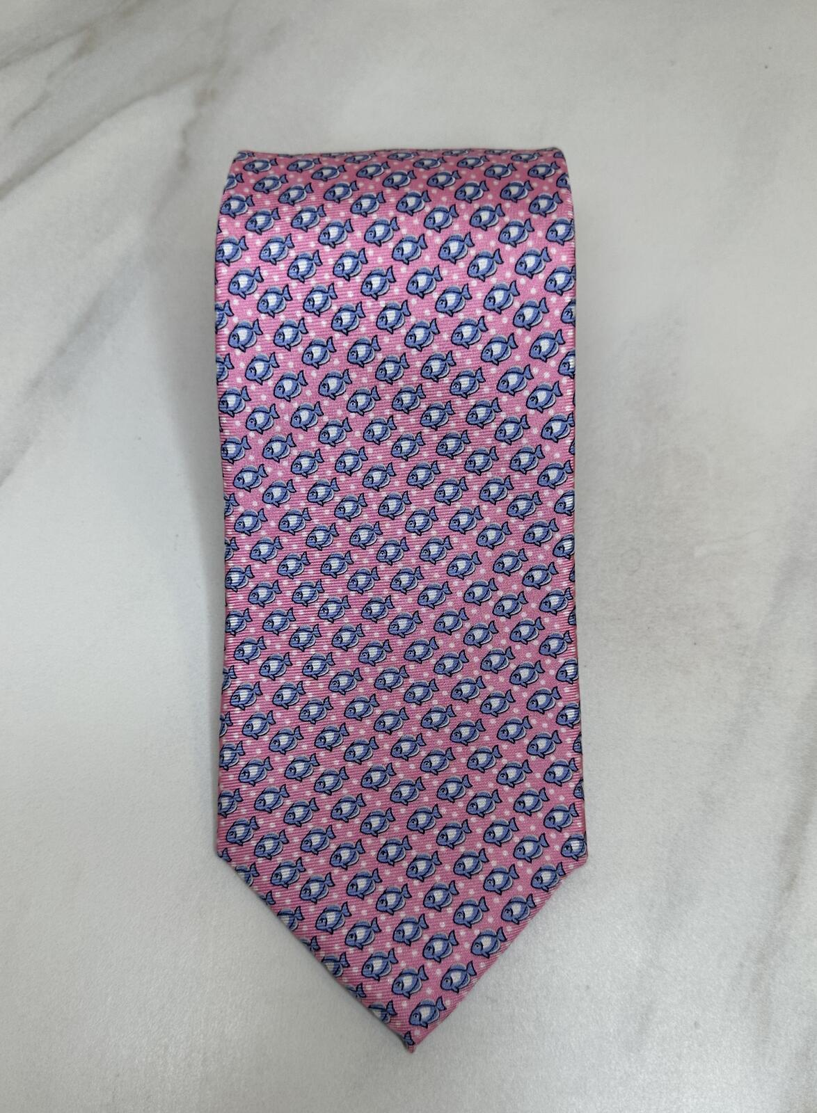Tommy Hilfiger 100% silk tie pink/light blue/white fish geometric novelty preppy