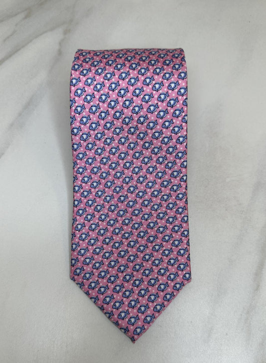 Tommy Hilfiger 100% silk tie pink/light blue/white fish geometric novelty preppy
