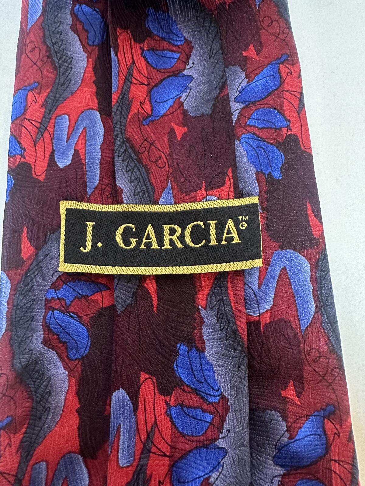 Vintage J. Garcia 100% silk tie red/blue/burgundy/grey abstract artistic bold