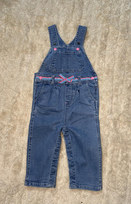 Hatley Baby Girls' denim bib overalls Size 12-18M medium wash rainbow belt trim