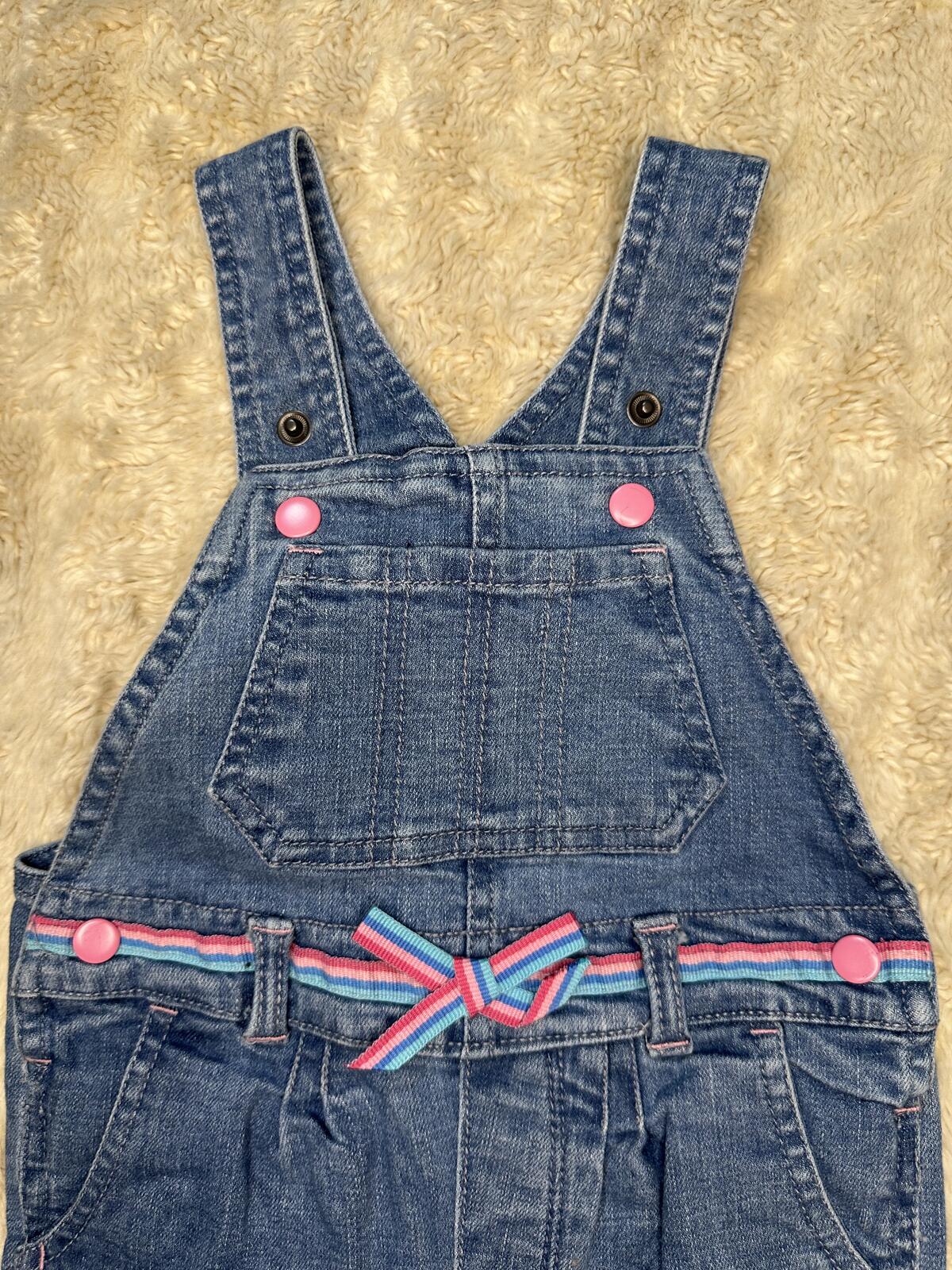 Hatley Baby Girls' denim bib overalls Size 12-18M medium wash rainbow belt trim