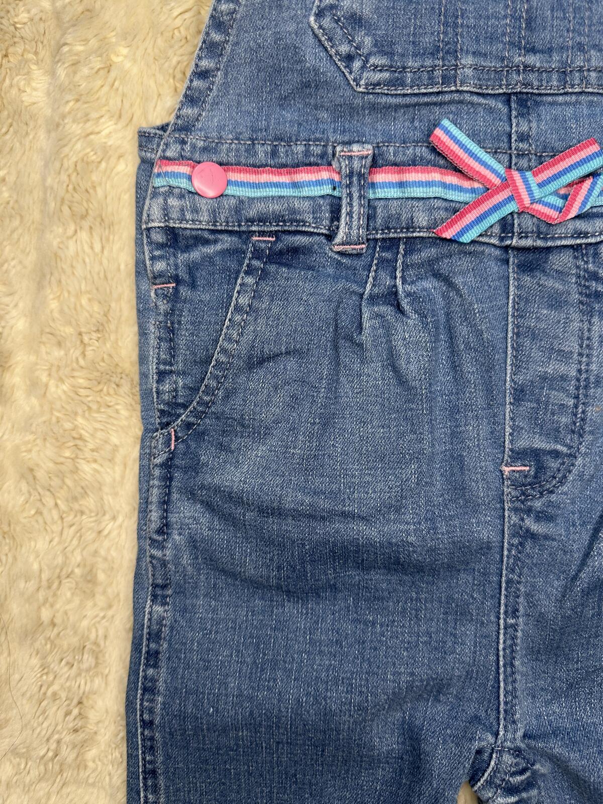 Hatley Baby Girls' denim bib overalls Size 12-18M medium wash rainbow belt trim