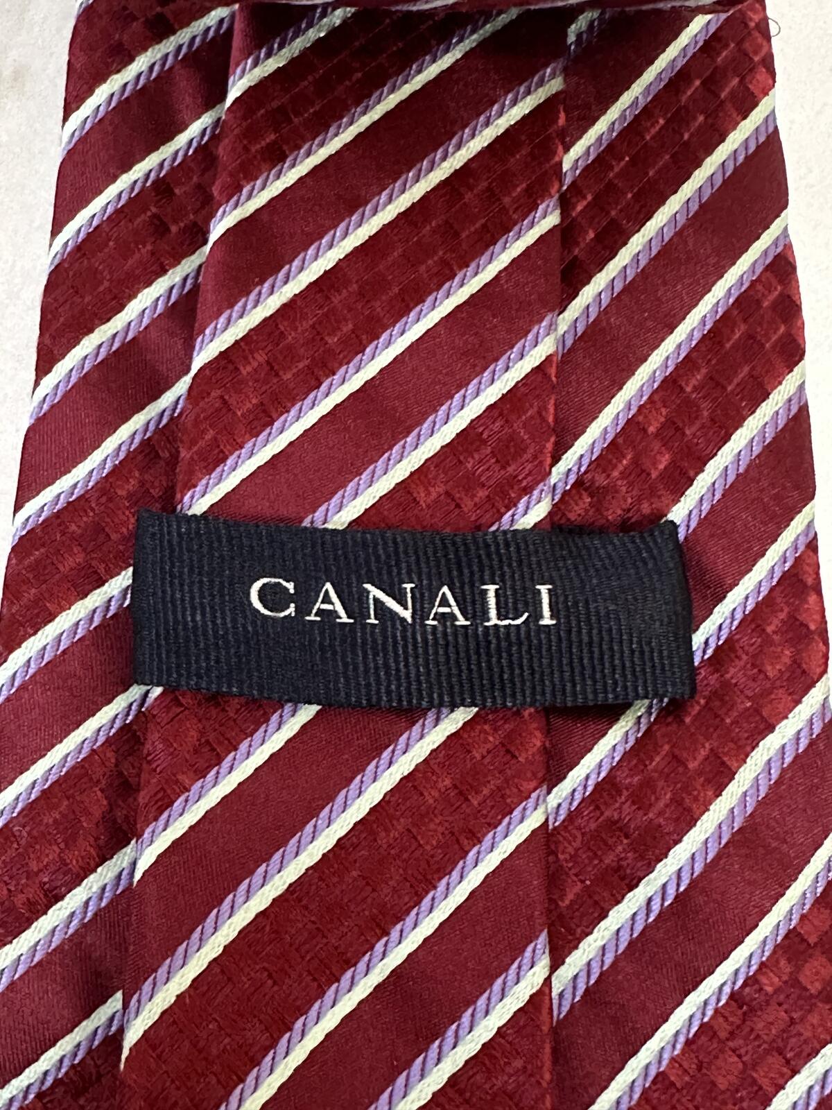 Canali 100% Italian silk tie burgundy lavender cream striped