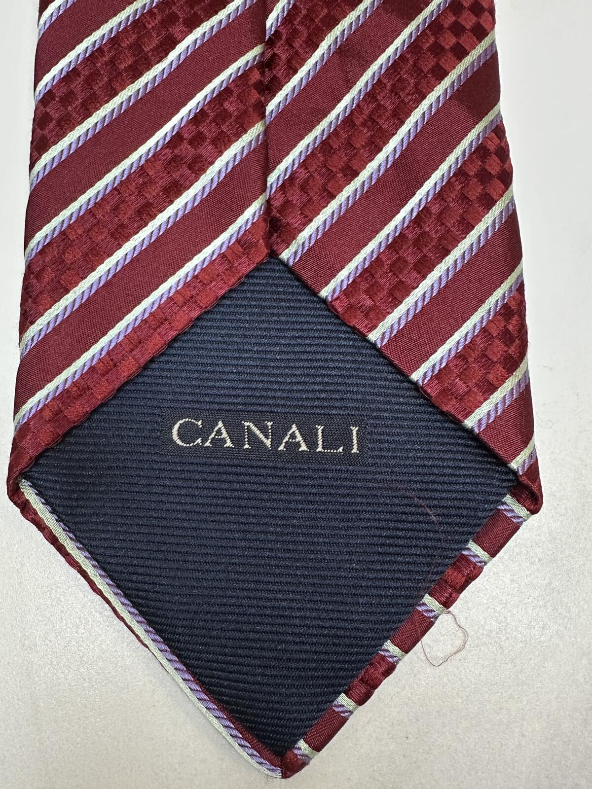 Canali 100% Italian silk tie burgundy lavender cream striped