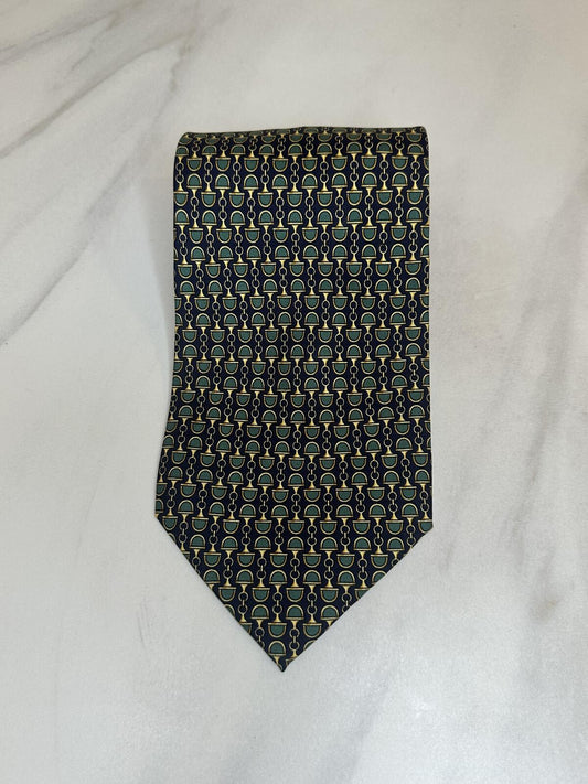 Vintage Gucci Paolo 100% Italian silk tie navy green gold horsebit equestrian
