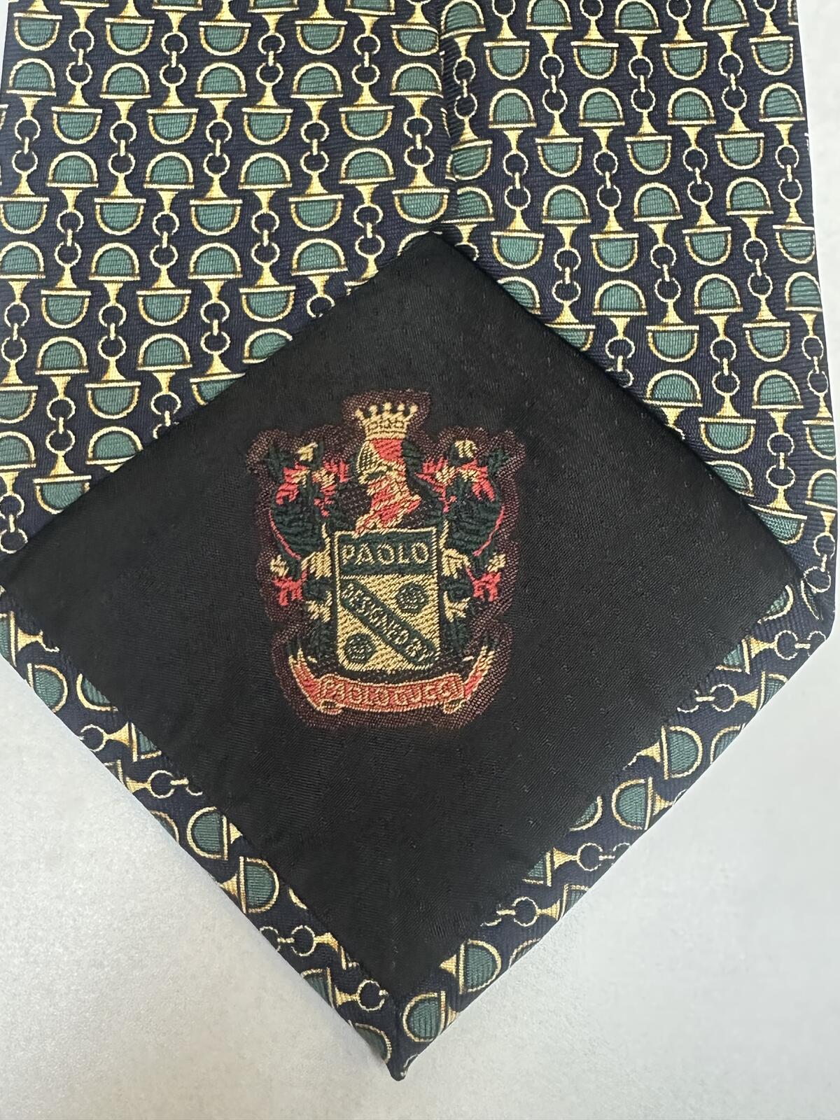 Vintage Gucci Paolo 100% Italian silk tie navy green gold horsebit equestrian