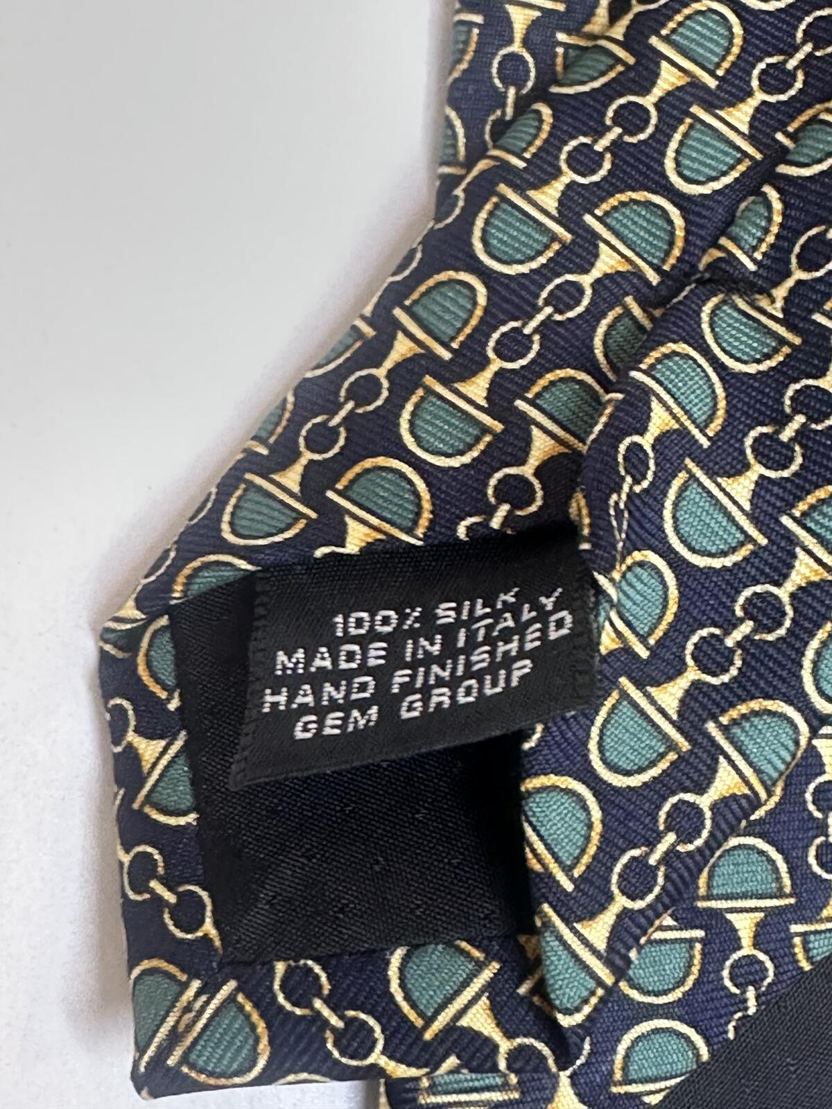 Vintage Gucci Paolo 100% Italian silk tie navy green gold horsebit equestrian