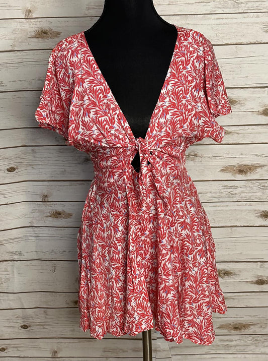 Lulus Dondi tie-front romper Small red white blue flutter sleeve peekaboo