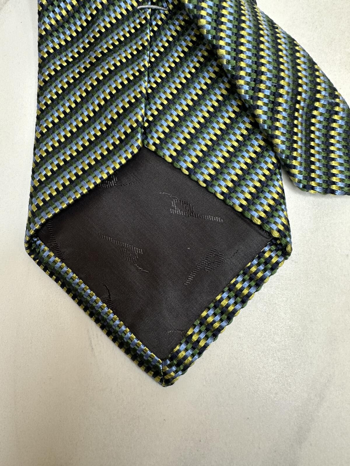 Vintage XMI Platinum 100% English silk tie blue green gold geometric check corpcore