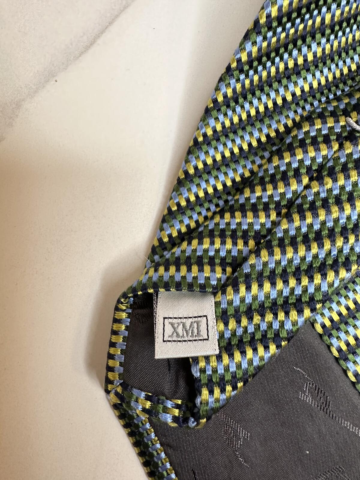 Vintage XMI Platinum 100% English silk tie blue green gold geometric check corpcore