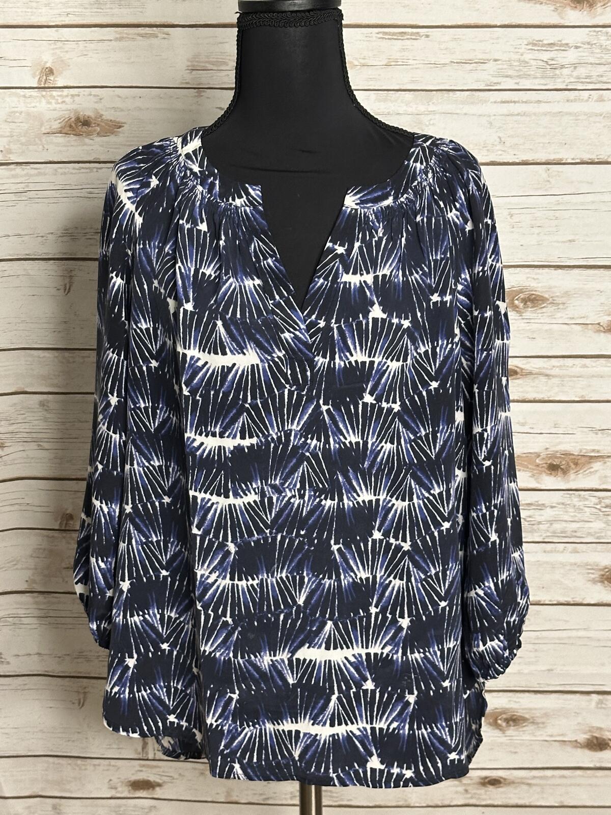 Cynthia Rowley 100% silk peasant blouse Size XS navy white tie-dye 3/4 sleeves