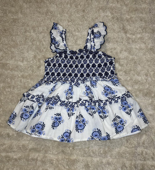 Haute Hippie blue white floral smocked ruffled tiered sundress cottagecore 5T