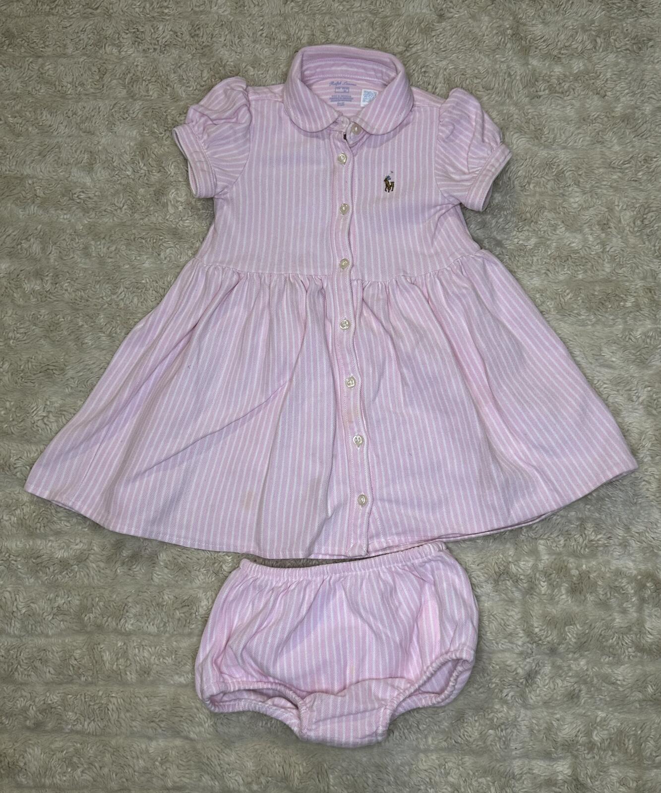 Ralph Lauren pink white striped button front puff sleeve dress bloomer set 12M