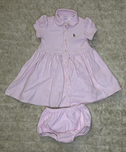Ralph Lauren pink white striped button front puff sleeve dress bloomer set 12M