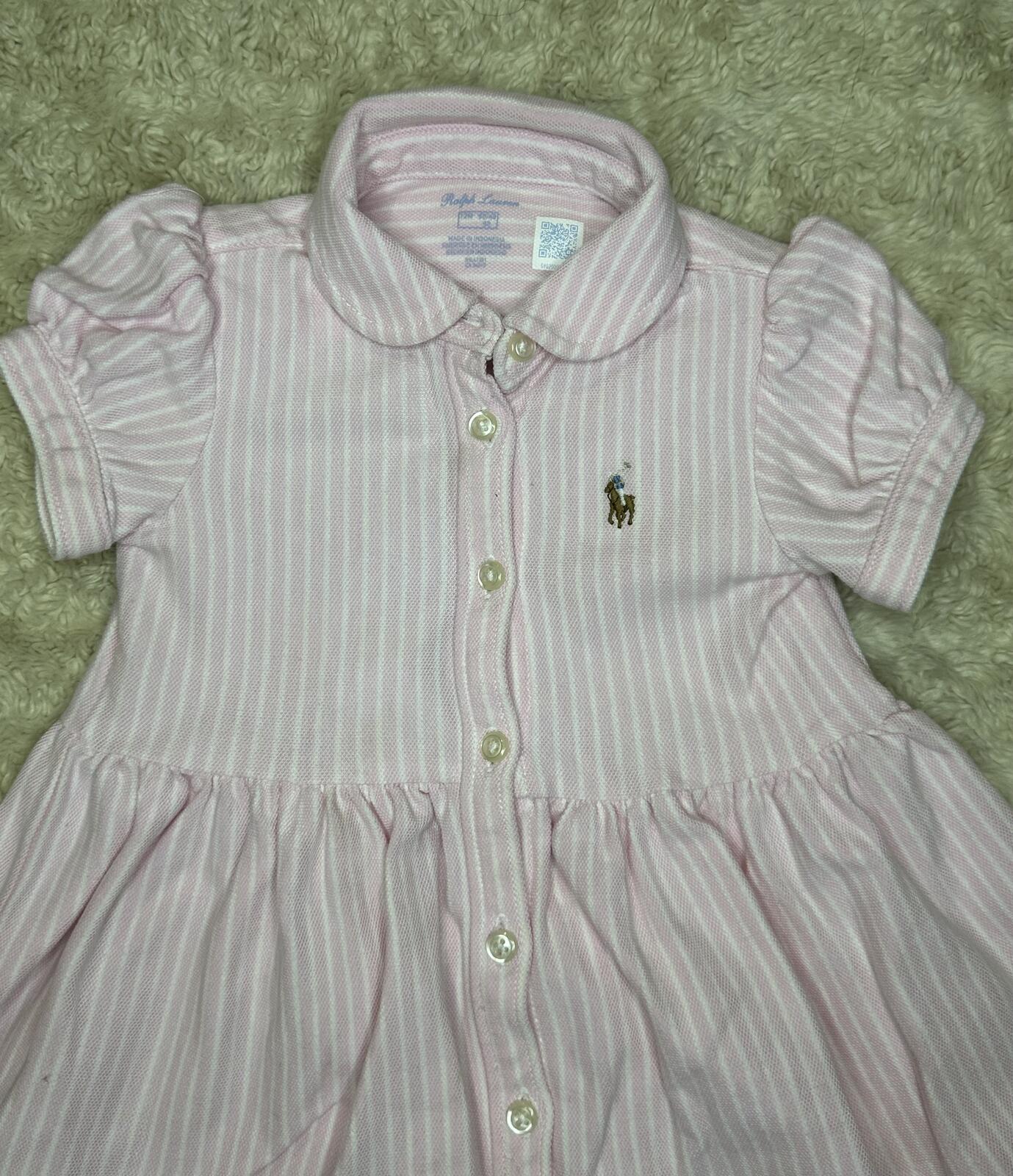 Ralph Lauren pink white striped button front puff sleeve dress bloomer set 12M