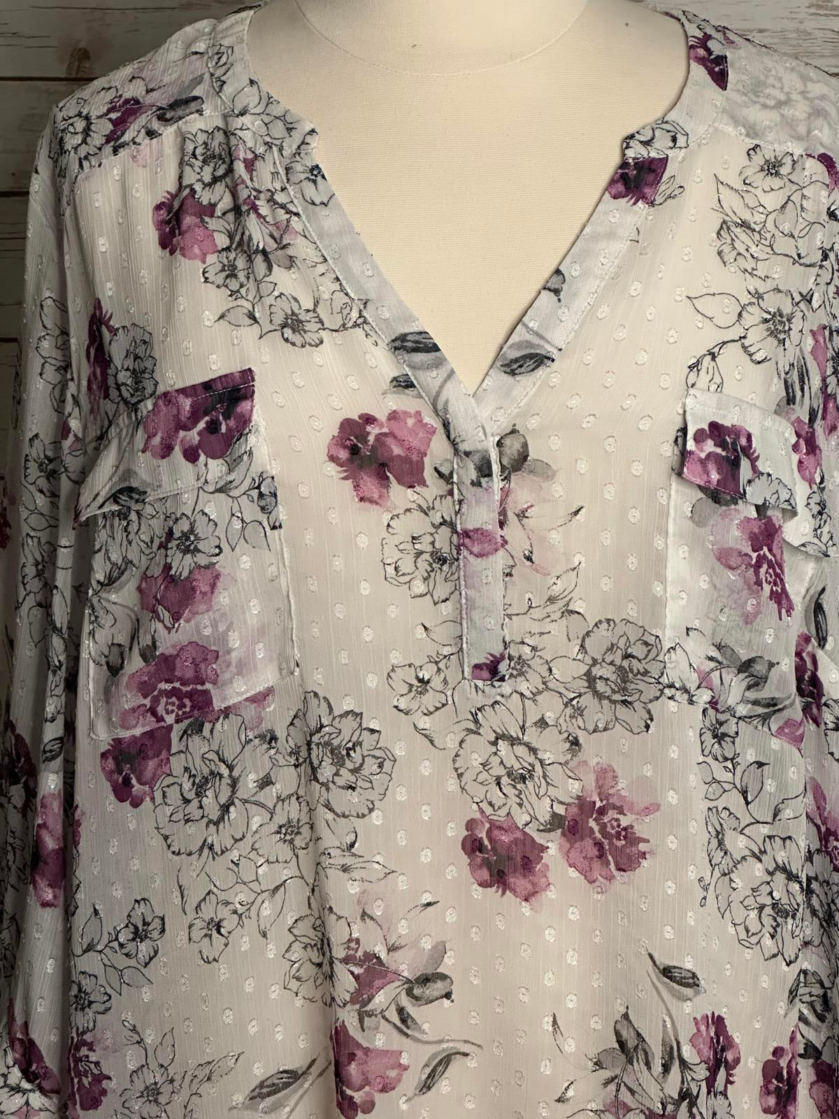 Torrid white/purple sheer floral swiss dot roll-tab sleeve blouse Size 6/6X