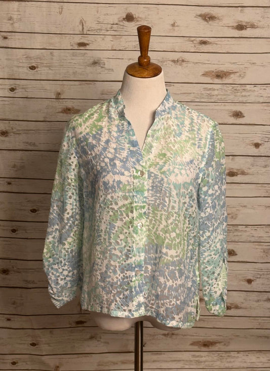 Ruby Rd multicolored V-neck roll tab sleeve semi sheer button-up top Size 14P