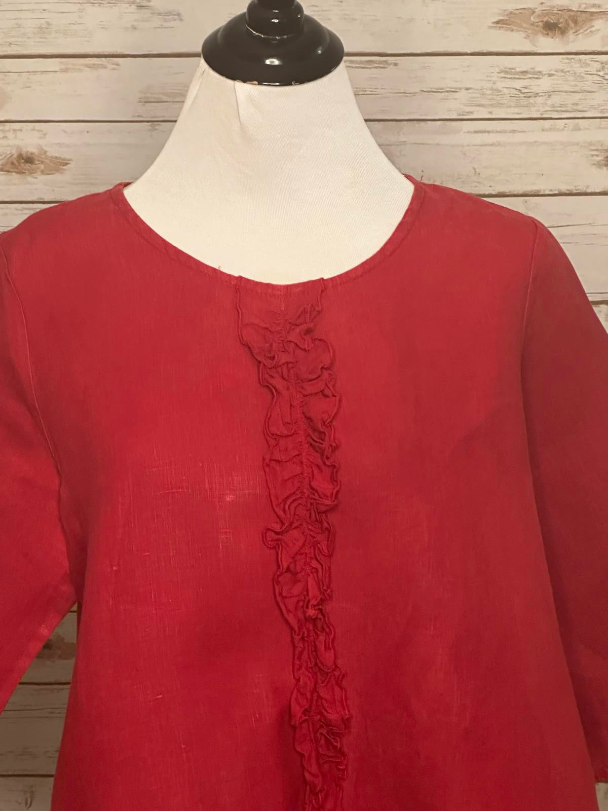 Bryn Walker tomato girl red ruffle front 3/4 length sleeve linen top Size Small