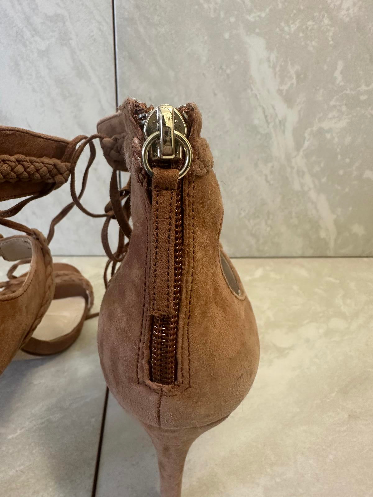White House Black Market Serenity tan suede lace-up ankle heel sandals Size 8M