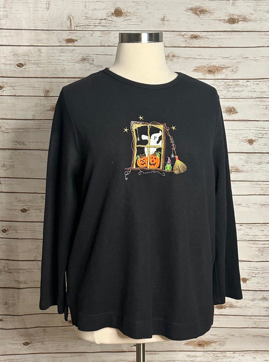 White Stag black ribbed long sleeve Halloween embroidered top Size 18W/20W