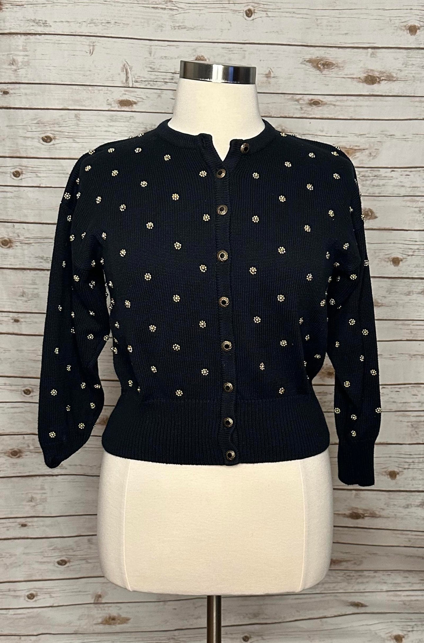 Vtg Marissa Christina Classic navy blue gold beading cardigan sweater Size Large