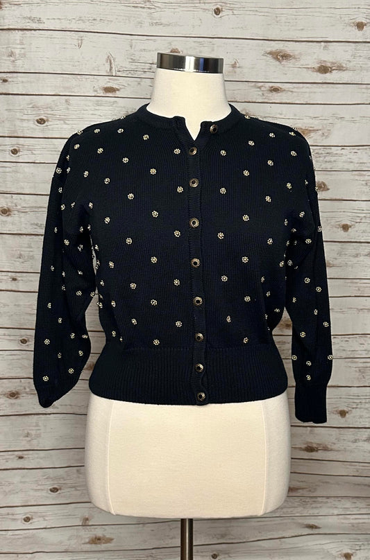 Vtg Marissa Christina Classic navy blue gold beading cardigan sweater Size Large