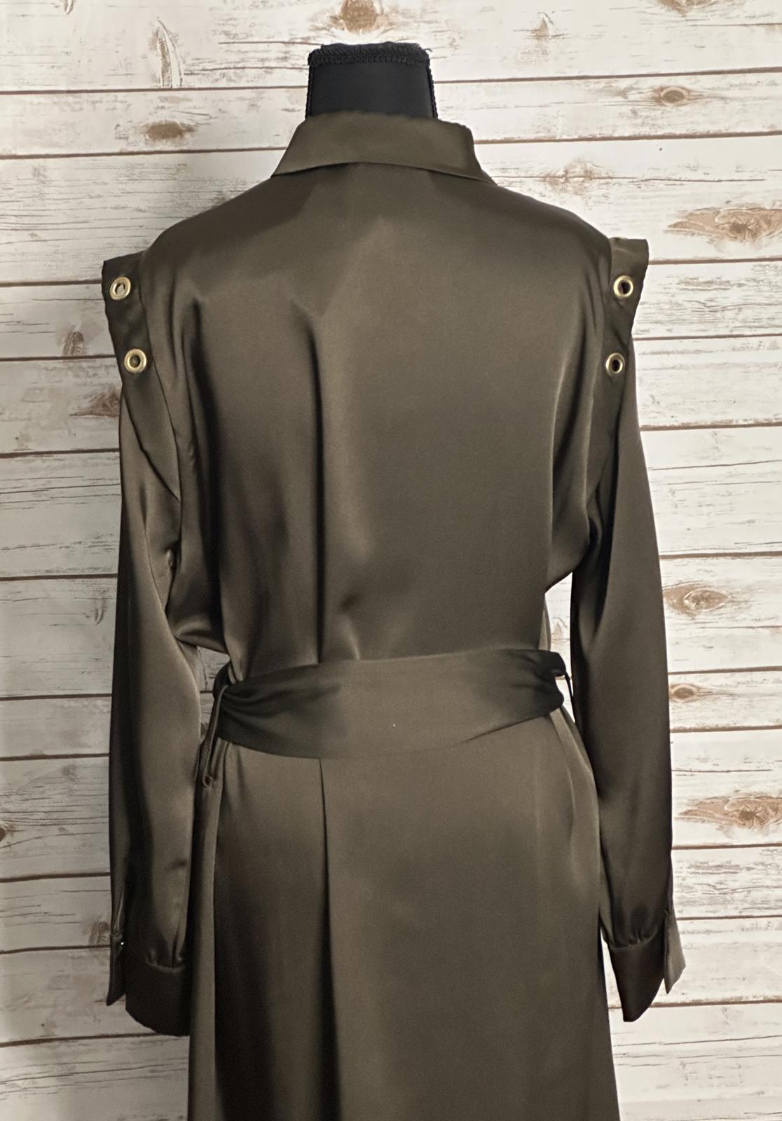 Zara olive green satin grommet detail belted Ring Trim maxi shirtdress Size M