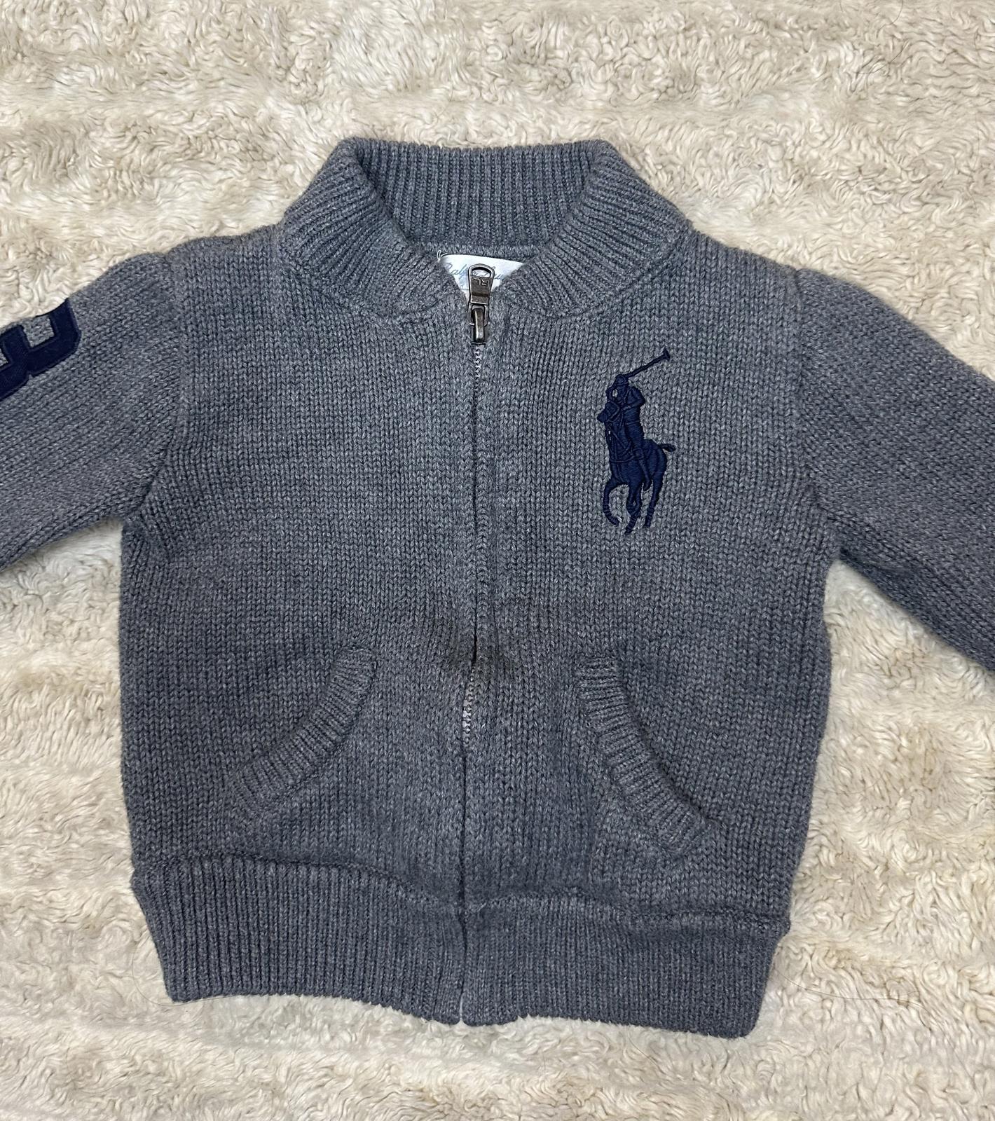 Ralph Lauren Big Pony grey/navy blue cotton full zip cardigan sweater Size 12M
