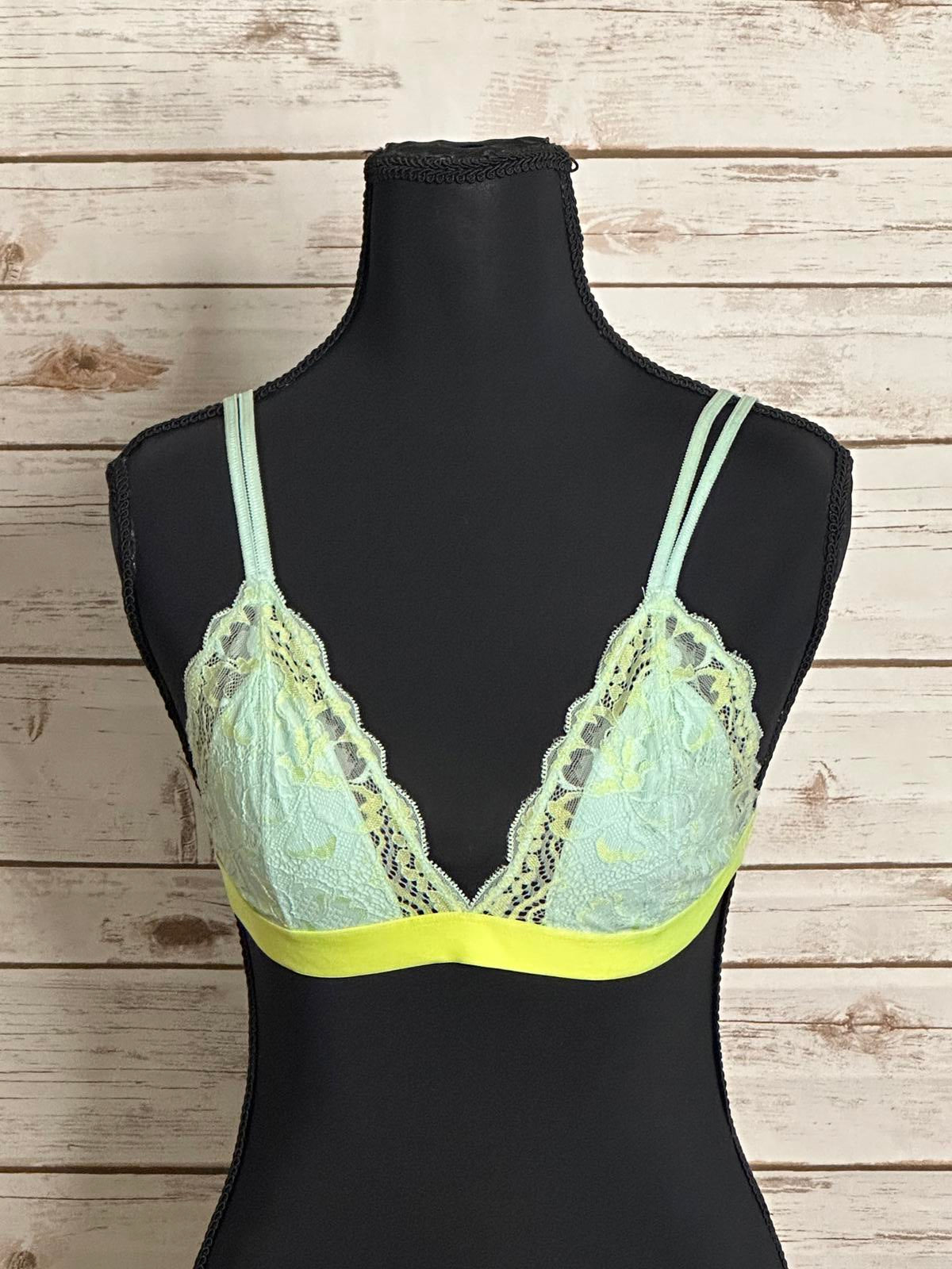 PINK Victoria's Secret mint green/neon yellow lace triangle bralette Size Medium