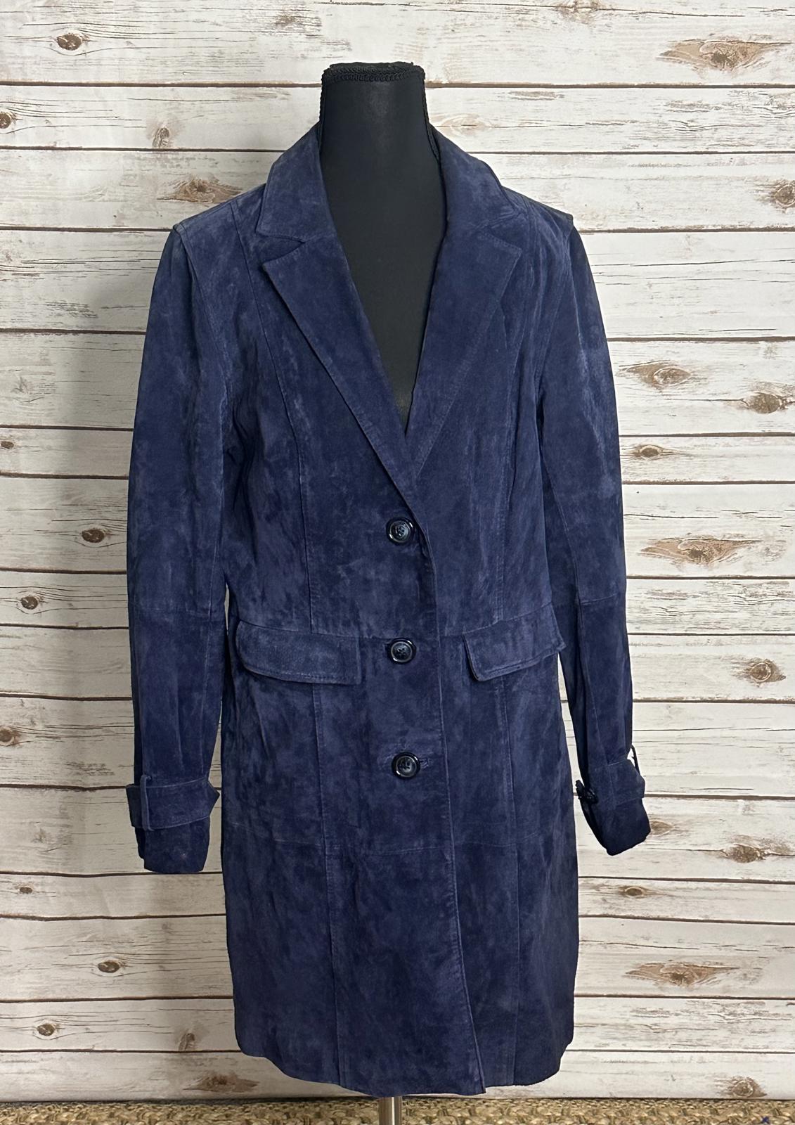 Isaac Mizrahi Live classic blue suede single-breasted trench coat Size Small