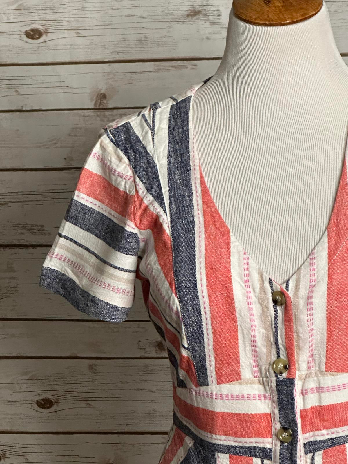 Parker Kacey casual striped V-neck linen-blend button front mini dress Size 8