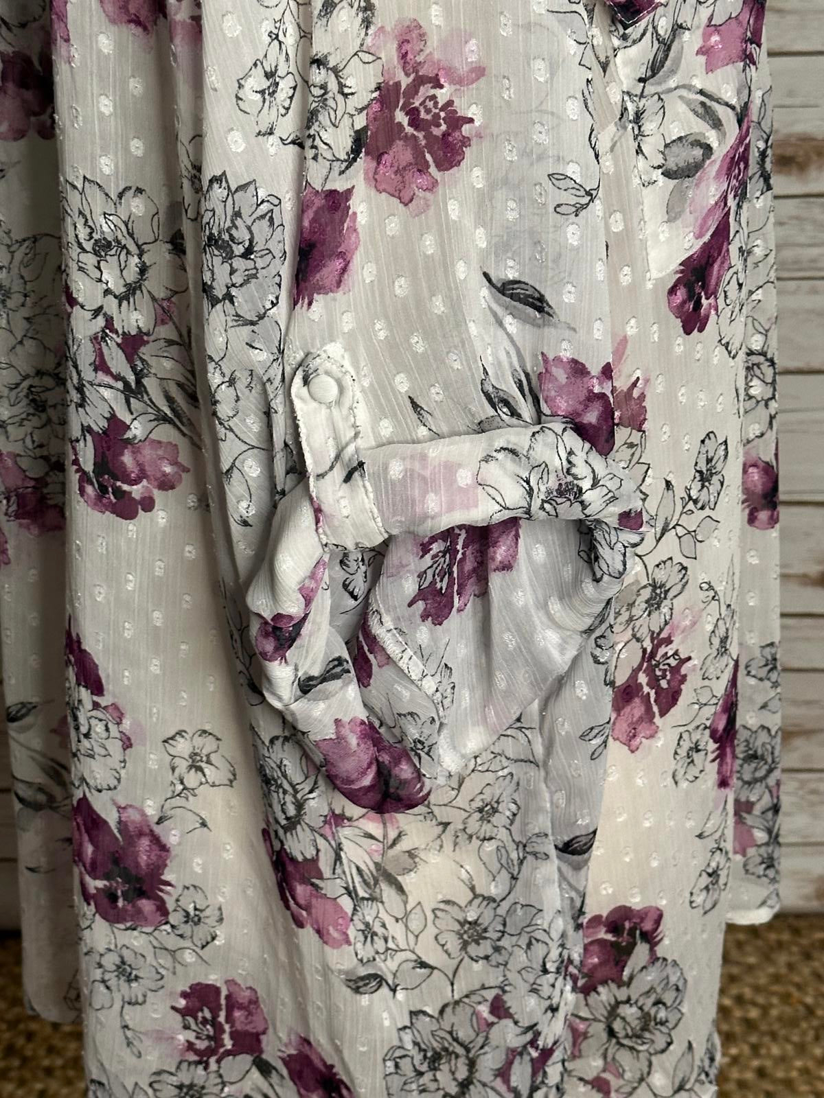 Torrid white/purple sheer floral swiss dot roll-tab sleeve blouse Size 6/6X