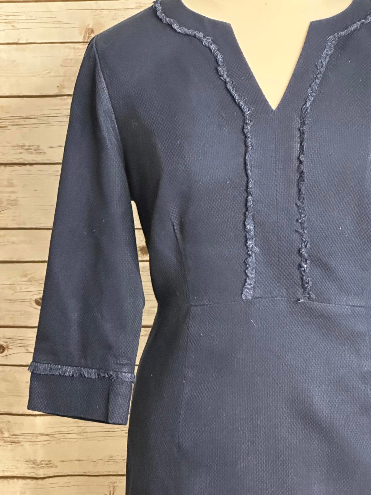 Boden navy blue office siren cotton frayed trimmed textured sheath dress Size 16