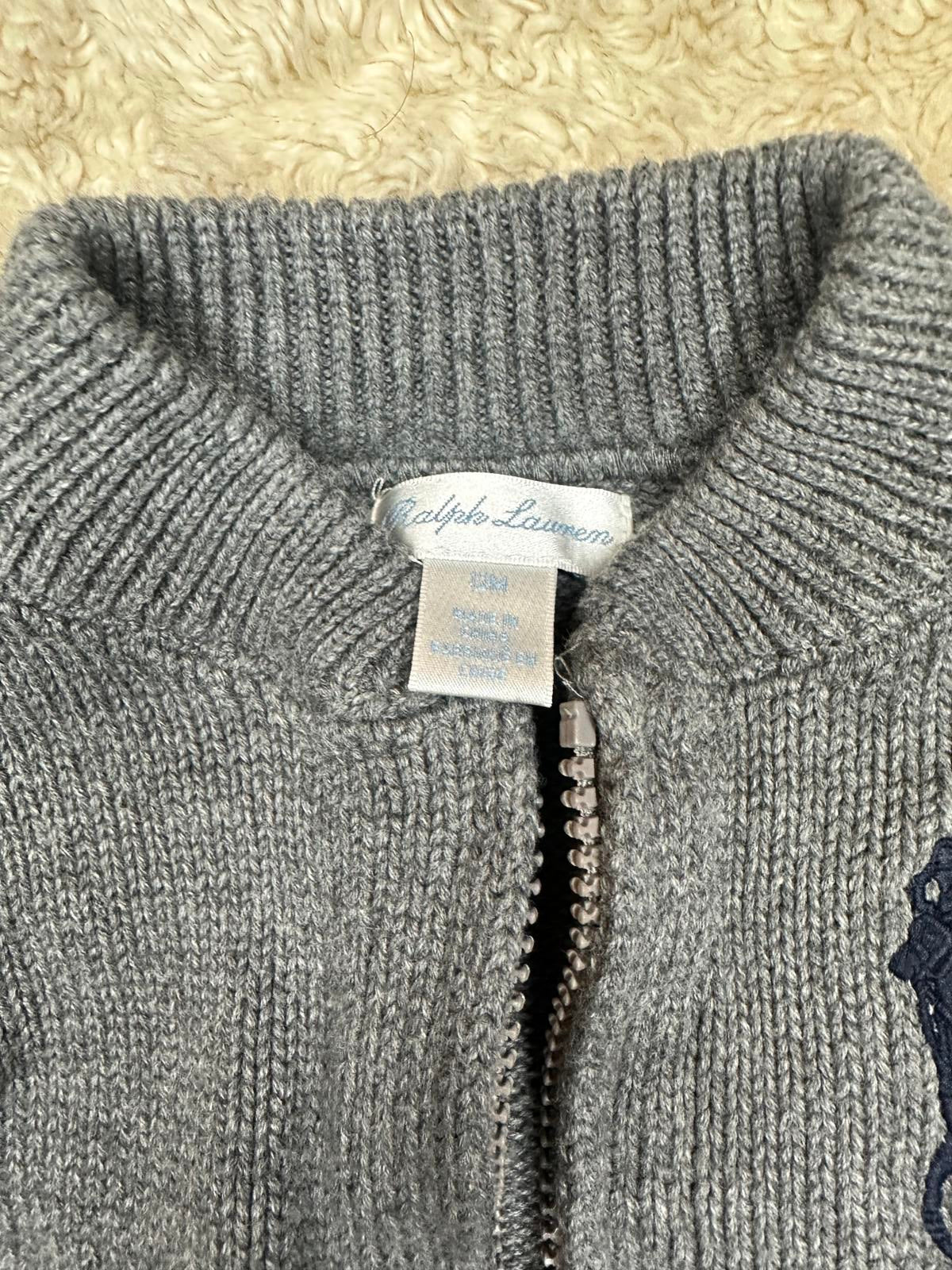 Ralph Lauren Big Pony grey/navy blue cotton full zip cardigan sweater Size 12M
