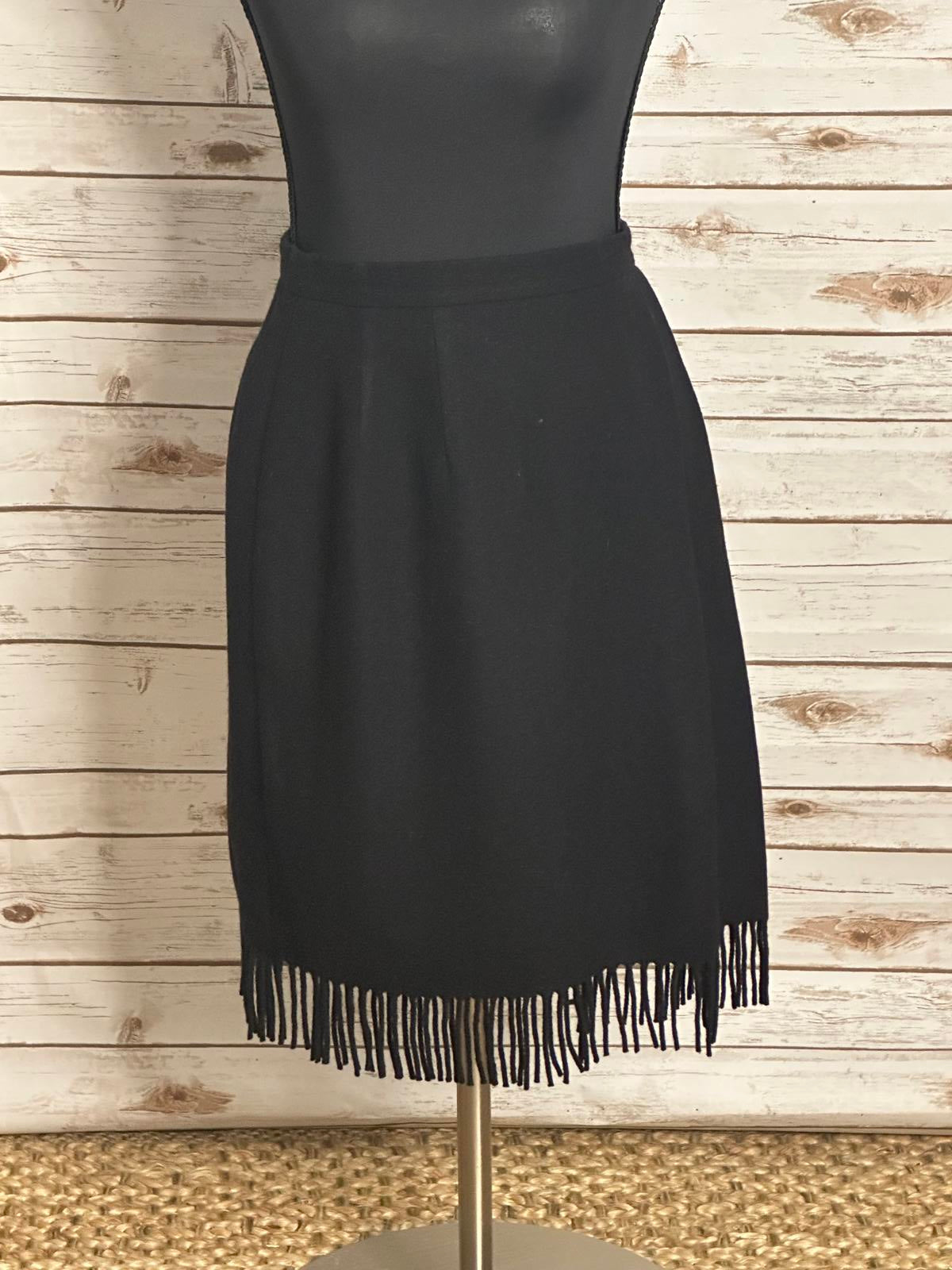 Vintage Carlisle office siren black wool wrap fringe pencil skirt Size 2