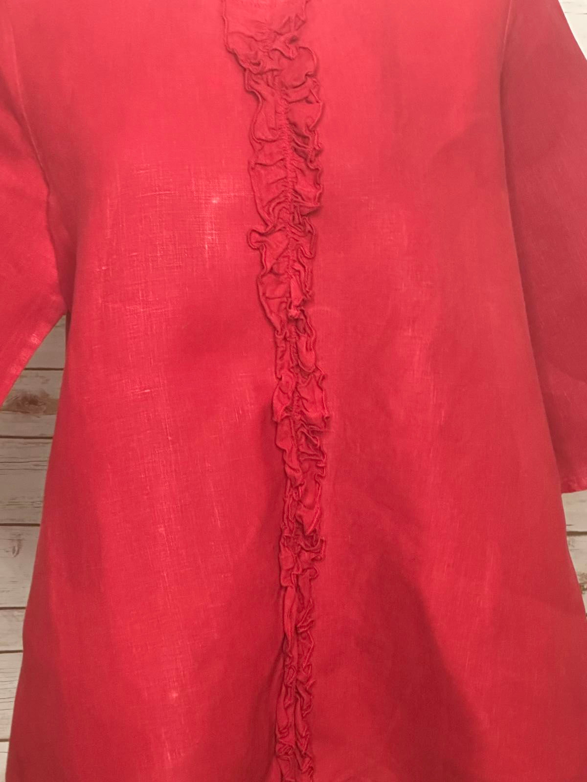 Bryn Walker tomato girl red ruffle front 3/4 length sleeve linen top Size Small