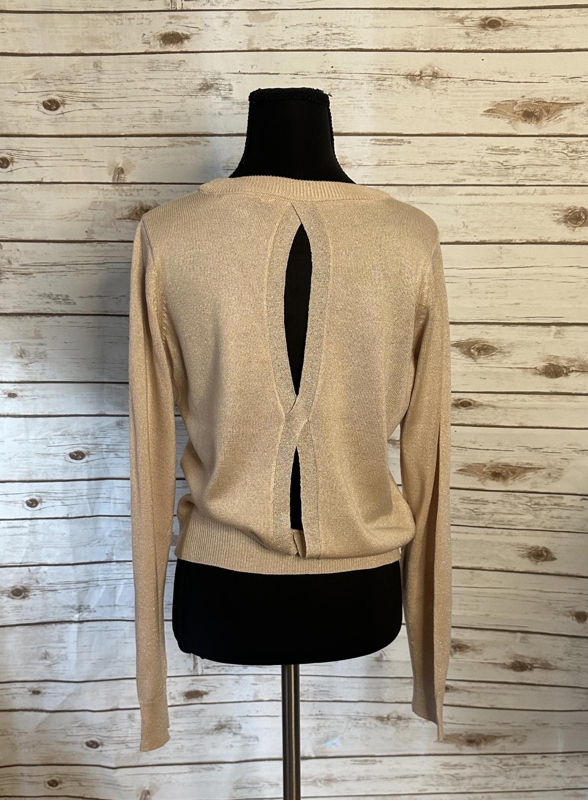 ModCloth pink/peach metallic crew neck long sleeve back cutout sweater Size S