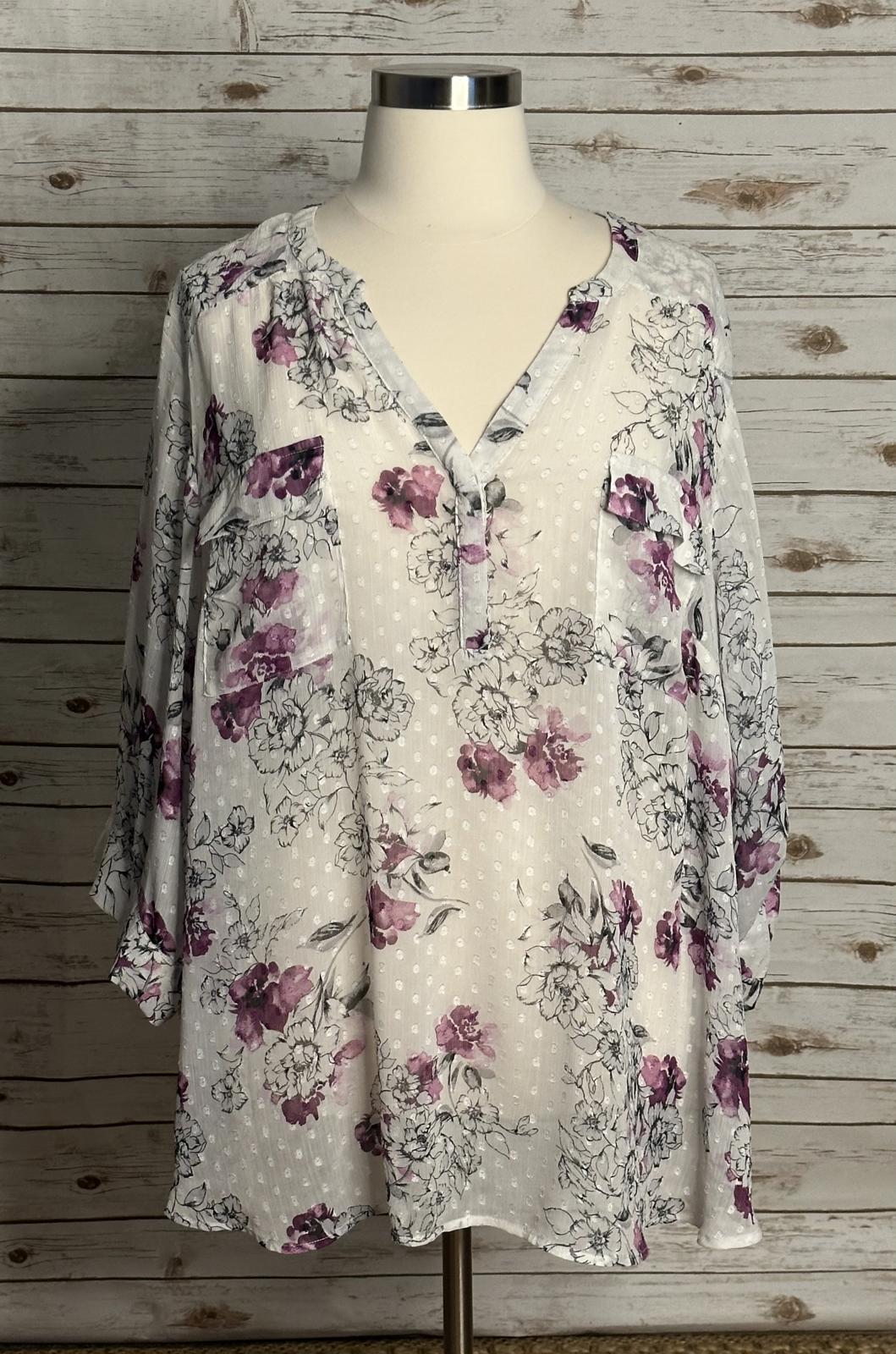 Torrid white/purple sheer floral swiss dot roll-tab sleeve blouse Size 6/6X