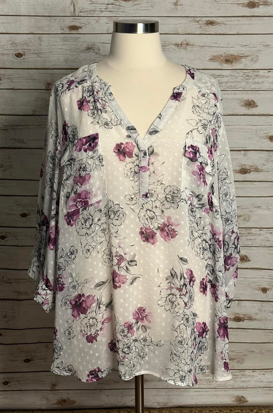 Torrid white/purple sheer floral swiss dot roll-tab sleeve blouse Size 6/6X