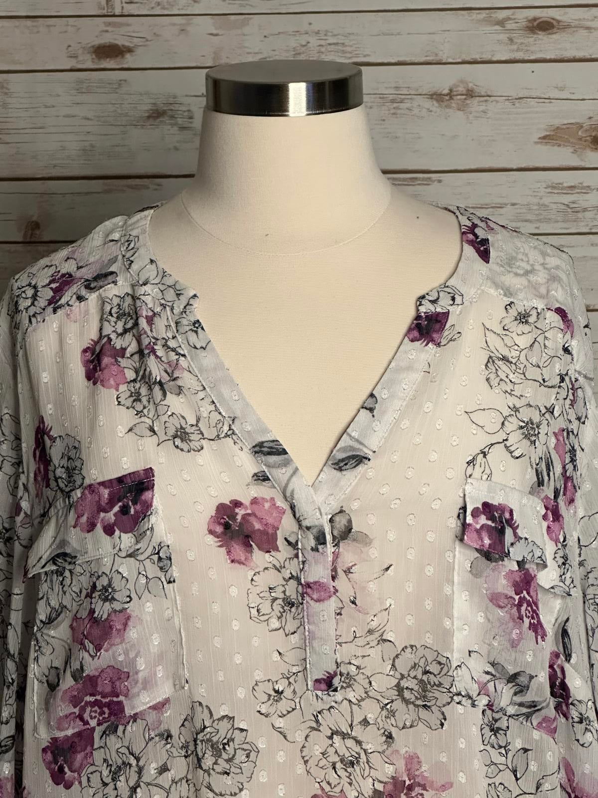 Torrid white/purple sheer floral swiss dot roll-tab sleeve blouse Size 6/6X