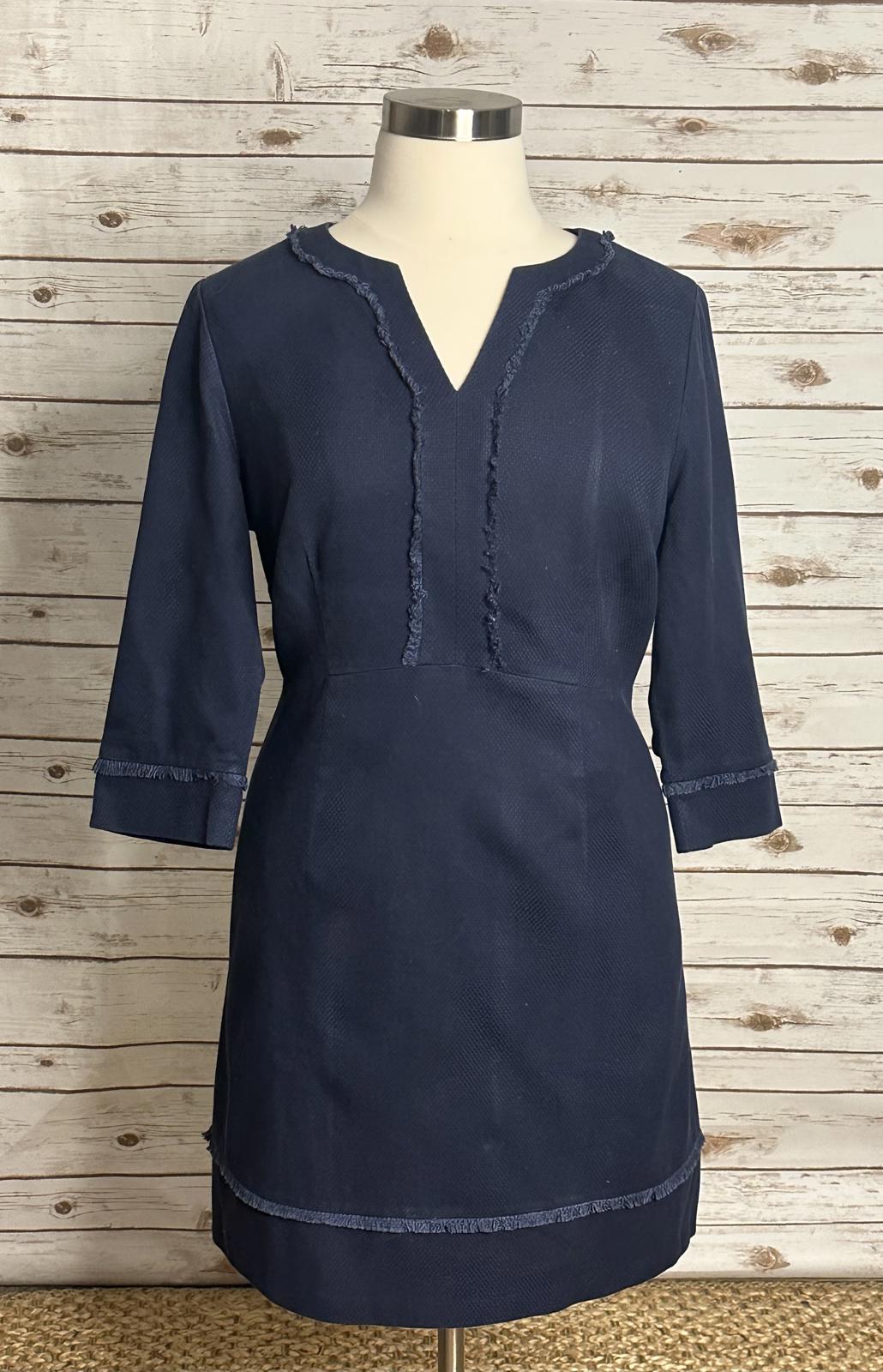 Boden navy blue office siren cotton frayed trimmed textured sheath dress Size 16